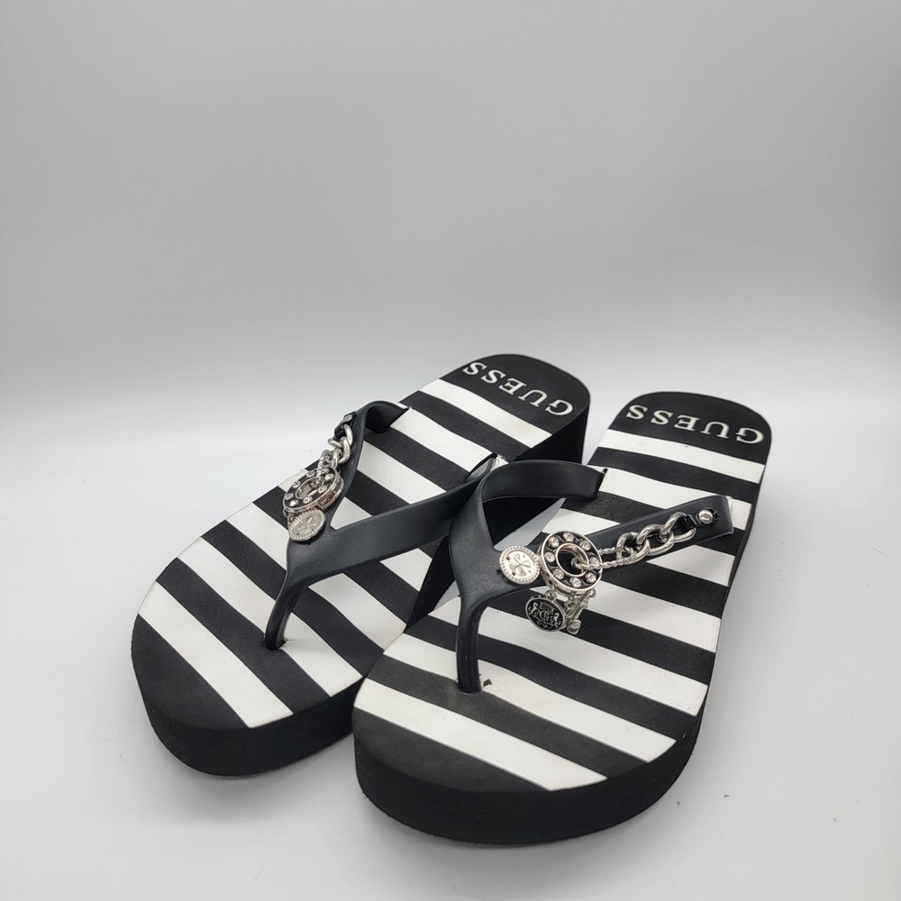 Guess Platform Wedge Thong Sandals Size 6 Black White Nautical Charms